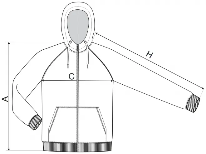 Vyriški kontrastingi sportiniai marškinėliai su gobtuvu - matmenų lentelė