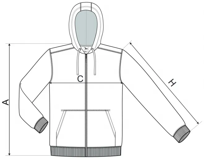 Vyriški sportiniai marškinėliai su gobtuvu - matmenų lentelė