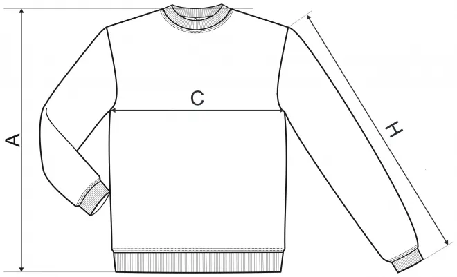 Vyriški / vaikiški marškinėliai virš galvos, be kapišono - matmenų lentelė