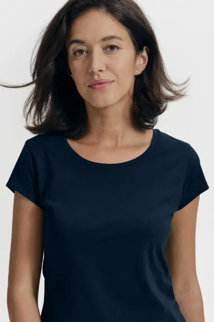 Moteriški ploni marškinėliai su apvalia iškirpte, tamsiai mėlyna